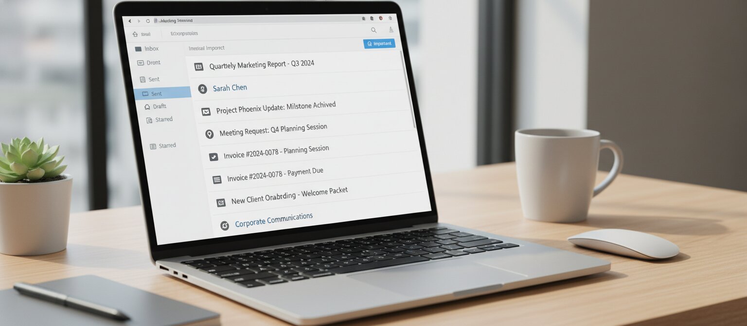 Professional email inbox on a laptop showing well-formatted email subject lines with proper capitalization