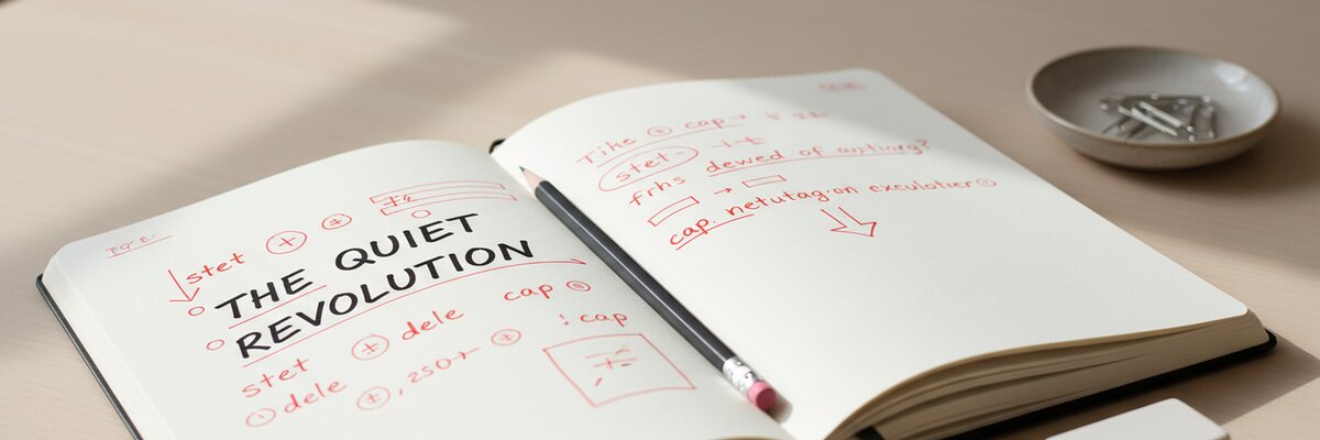 Notebook with a headline being proofread with red ink corrections and editing marks