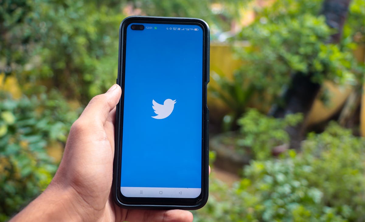 Hand holding a smartphone with the Twitter app open outdoors